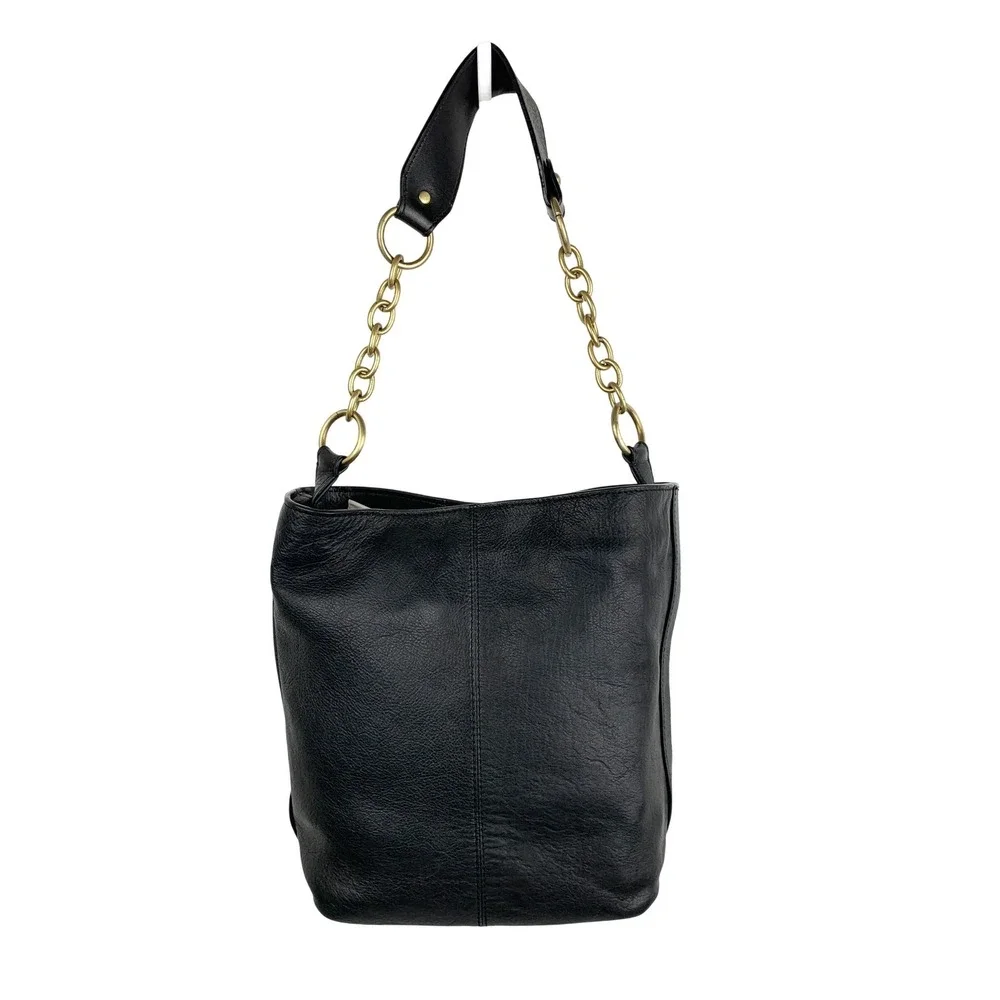 Laundry by Shelli Segal Black Leather Hobo Bucket Purse Gold Chain Strap Medium